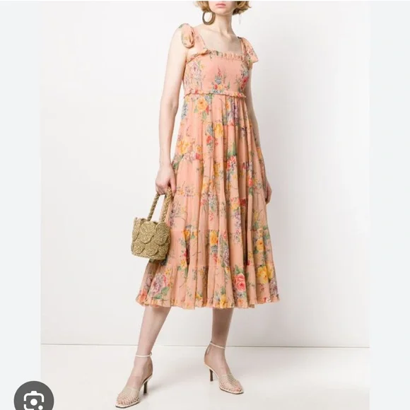 Zimmermann Zinnia Shirred Cotton-Silk Crepon Midi Dress in Coral Floral size 0 - Picture 11 of 14